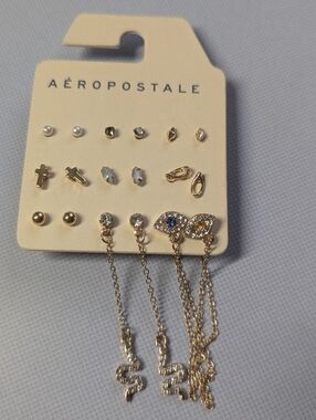 Aeropostale Gold Tone Multi Stud Earrings Set Snake Chain Cross Pearl NWT